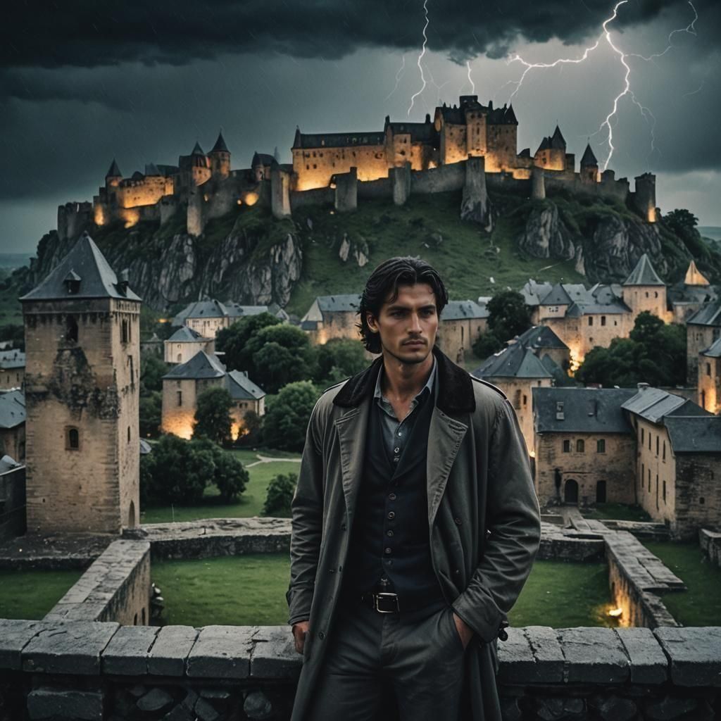 Dramatic Romanian Man in Castle Thunderstorm Film Still