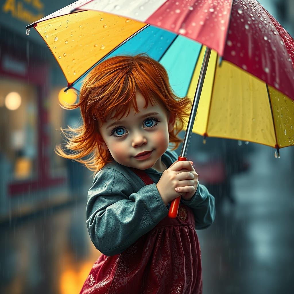 Joyful Child Dances in the Rain, Vibrant Colors