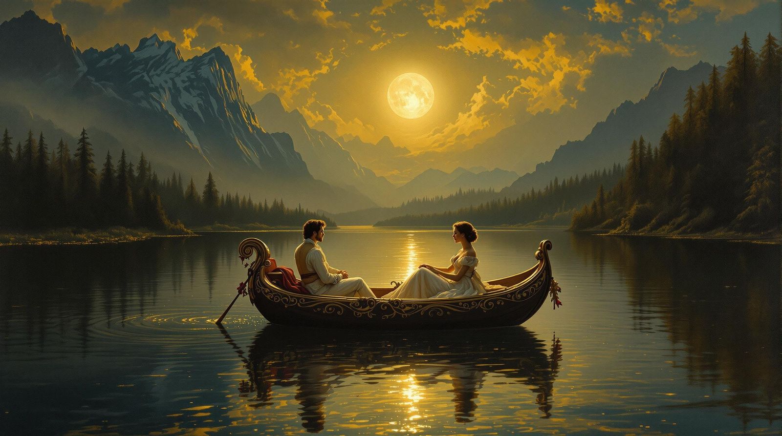 Romantic Baroque Couple on Moonlit Lake as Oil Painting