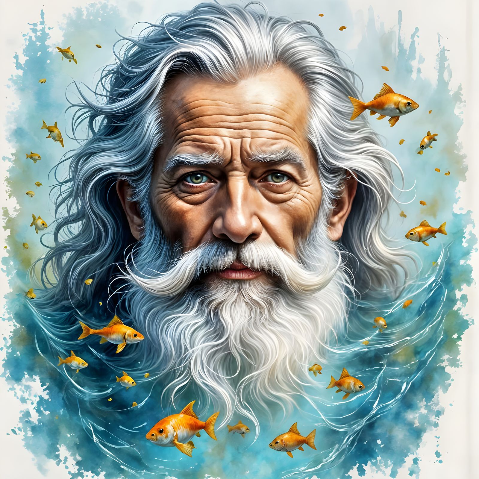Wise Old Man with Watery Beard and Ocean Eyes