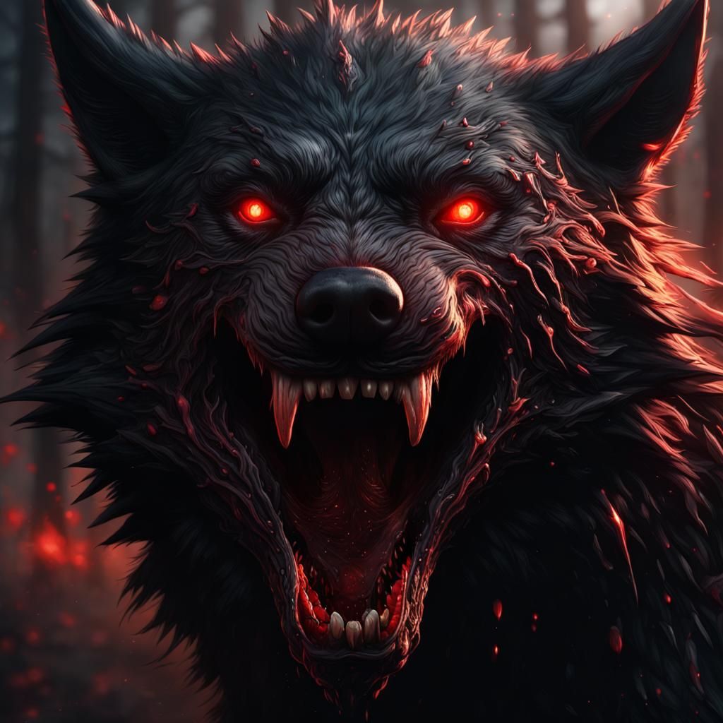 Menacing Black Wolf with Glowing Eyes