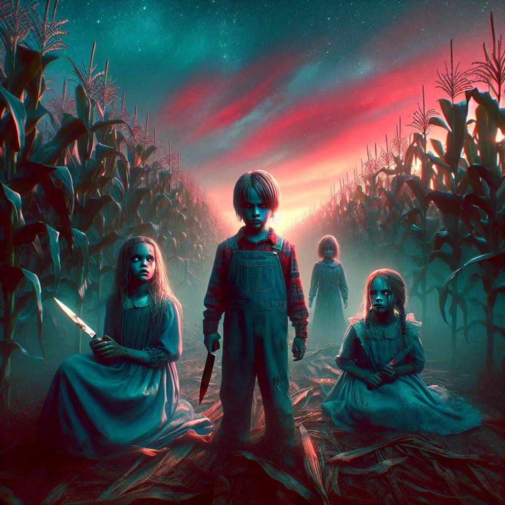 Eerie Children in Cornfield: Rural Horror Concept Art