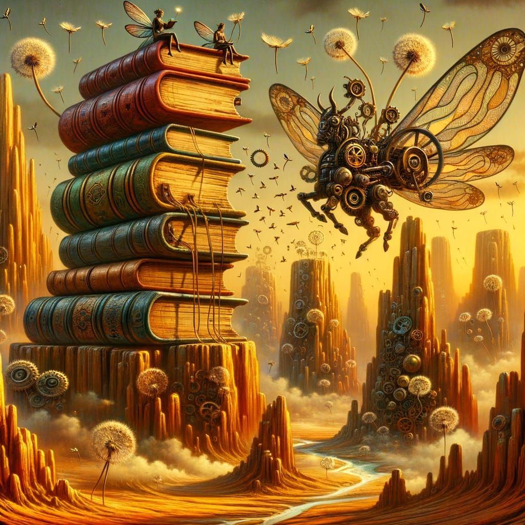 Steampunk Fairies on Book Mesa in Surreal Landscape