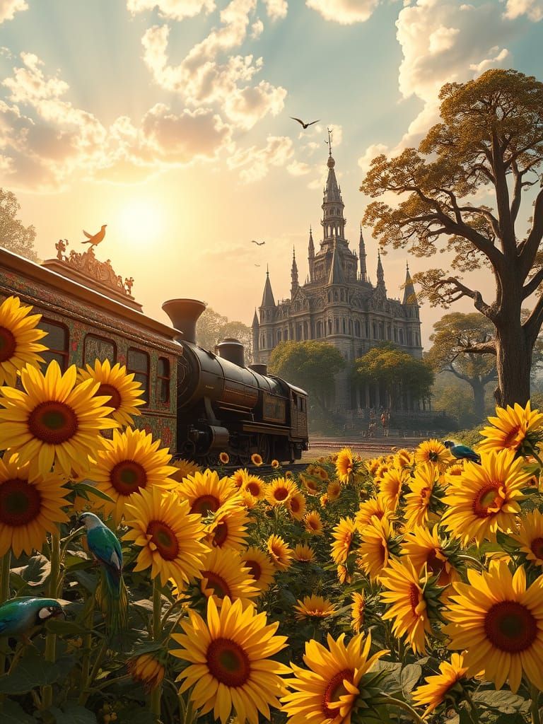 Sunflowers Garden in Whimsical, Vintage Train Setting
