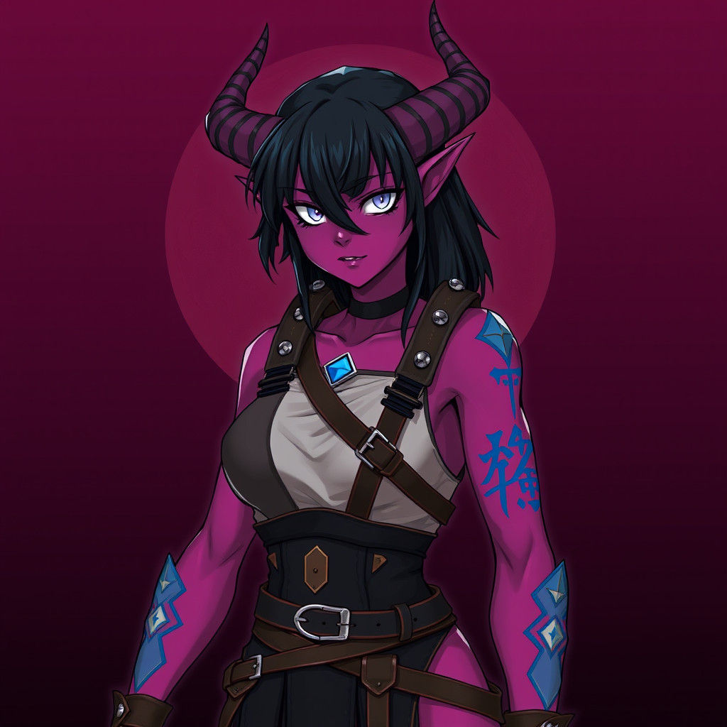 Magenta Tiefling Woman with Runes in Anime Style