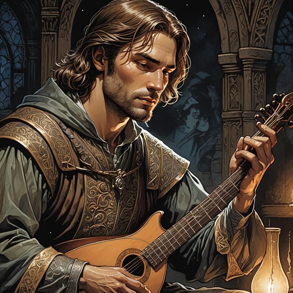 Lute Player in Moonlight: Comic Book Art