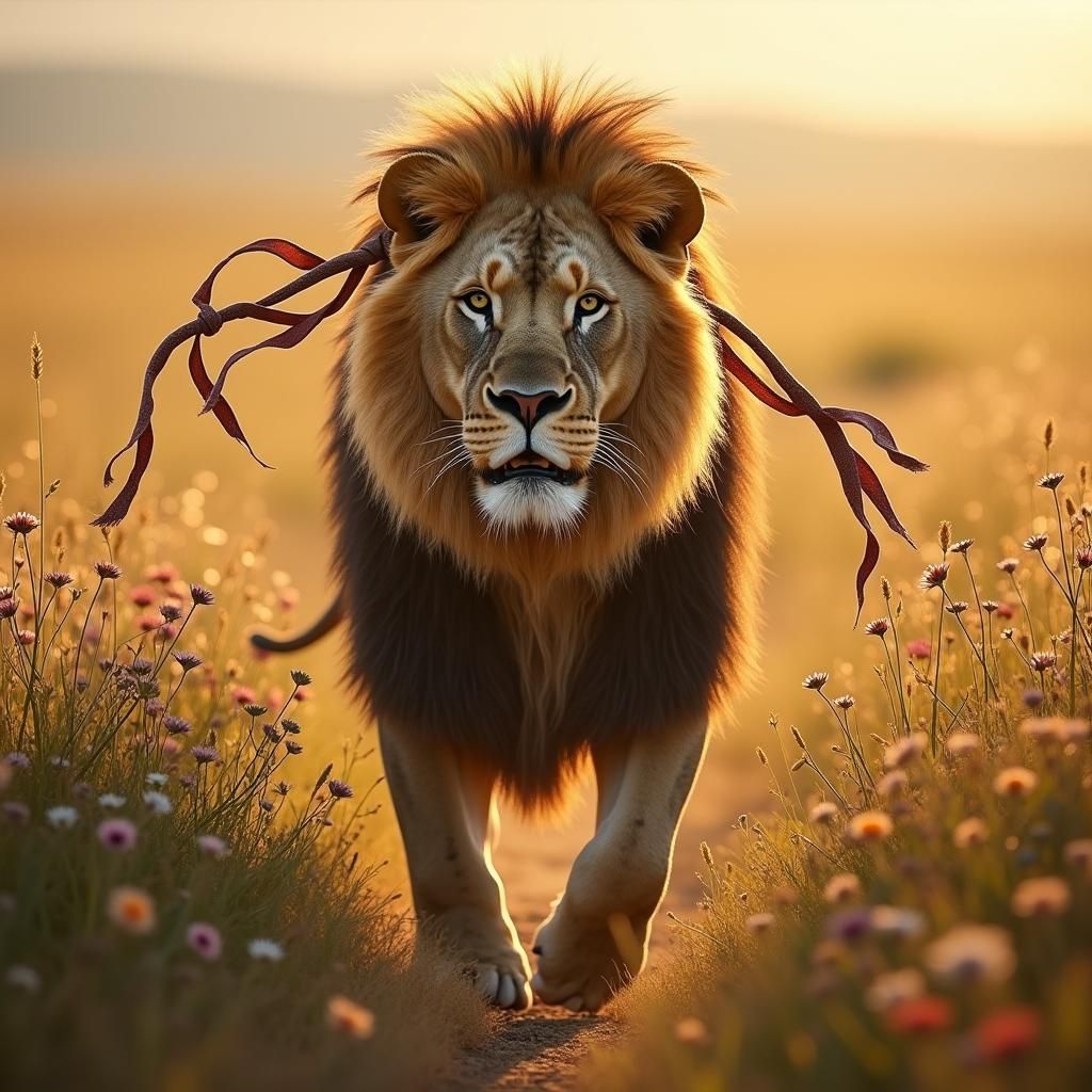 Lion with Ribbons in Mane, Ultra Realistic Detail
