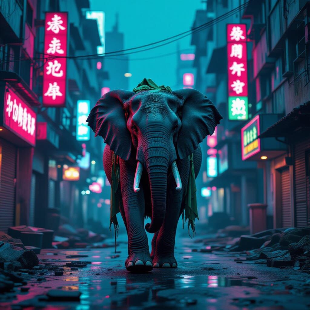 Elephant in Abandoned Neon City, Hyperrealistic Style