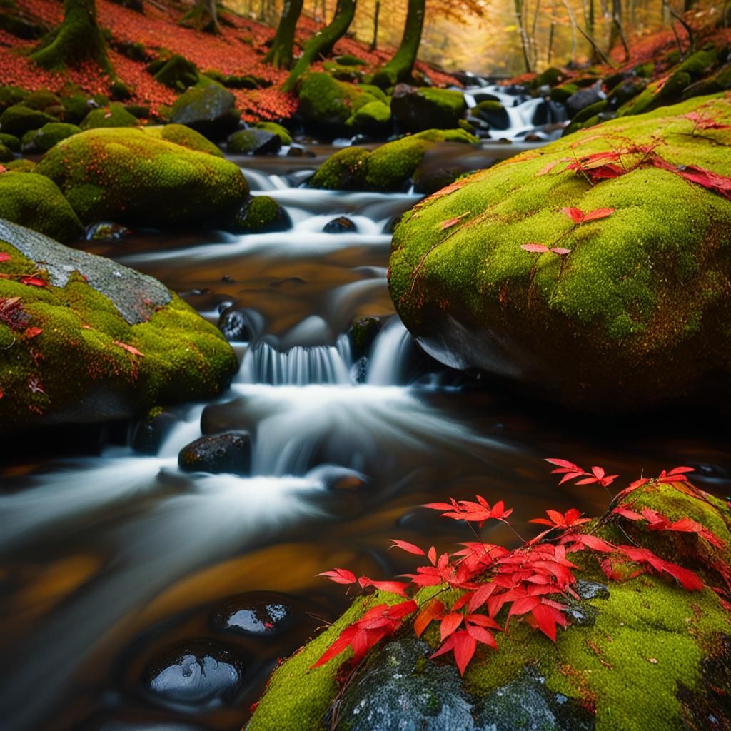 Autumn Forest Stream in Macro Photography Style