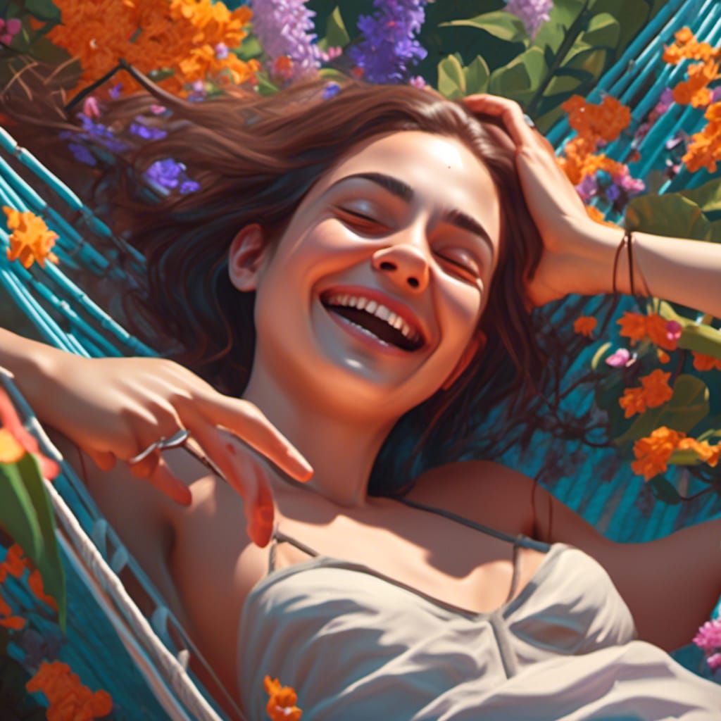 Woman Tickled by Flowers in Hammock, Hyperrealistic