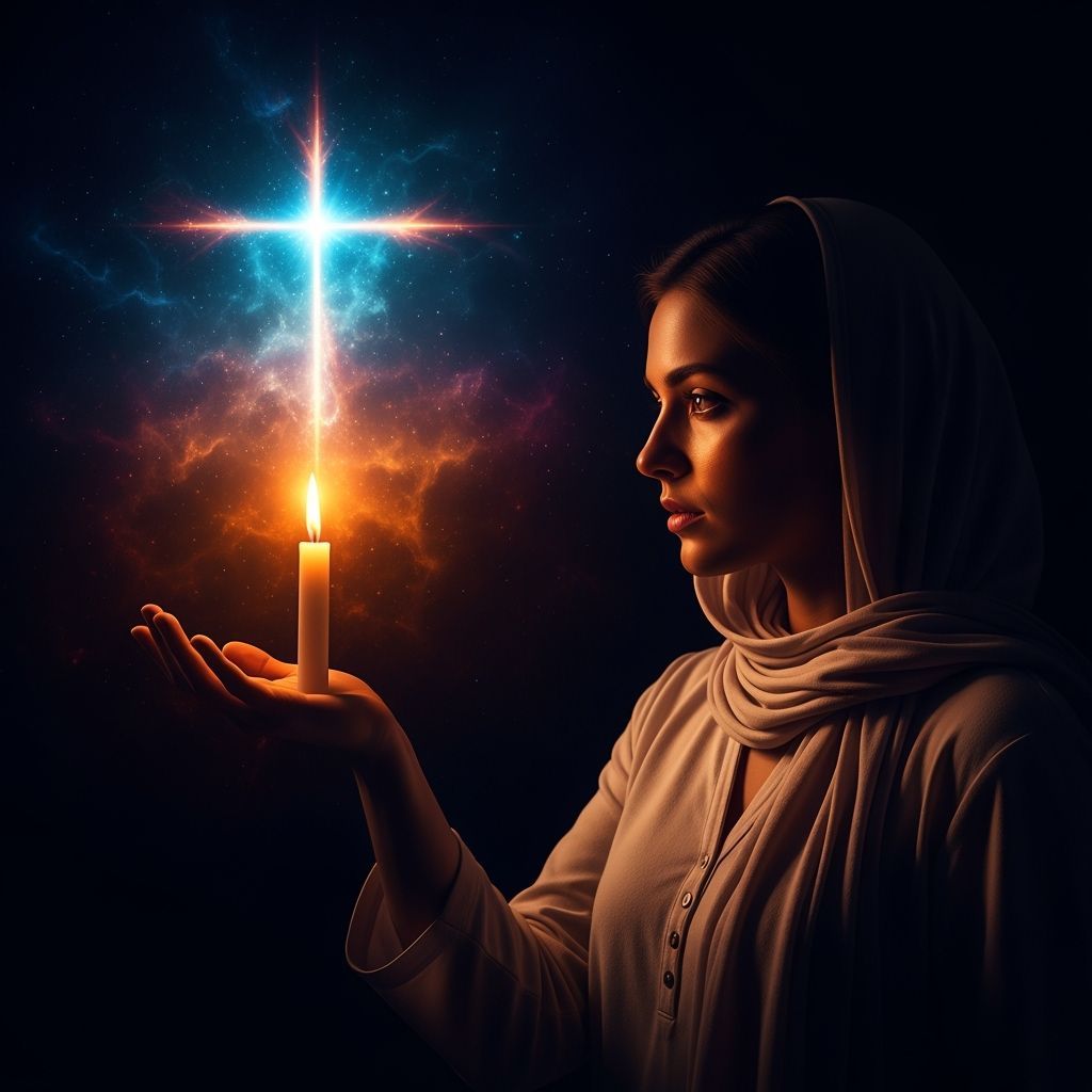 Woman Holds Candle Casting Radiant Cross in Nebula
