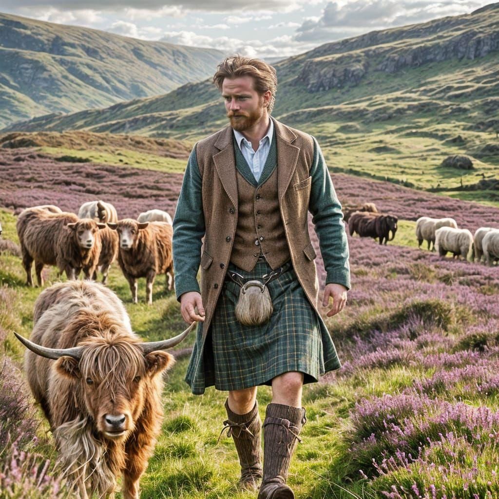 Barechested Scotsman in Highland Field with Cattle