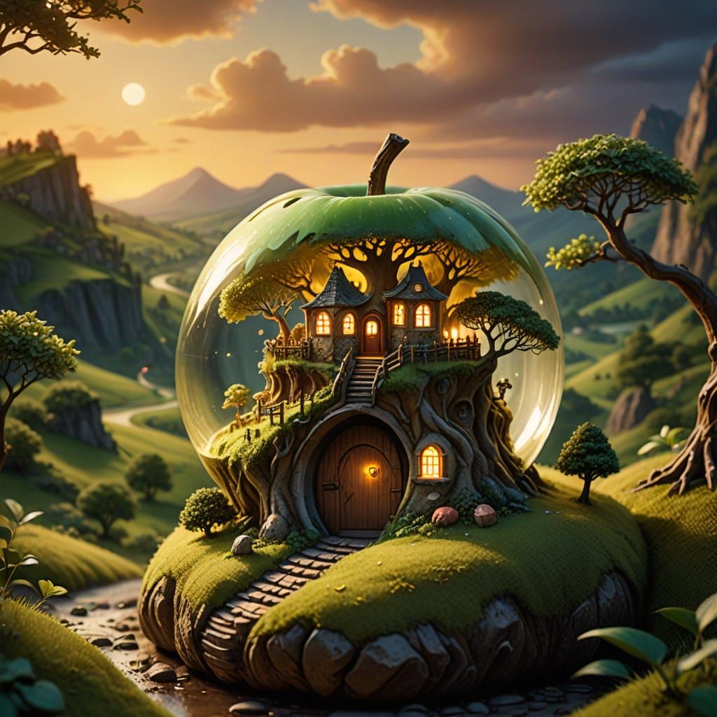 Whimsical Fantasy Kingdom Within a Glowing Apple
