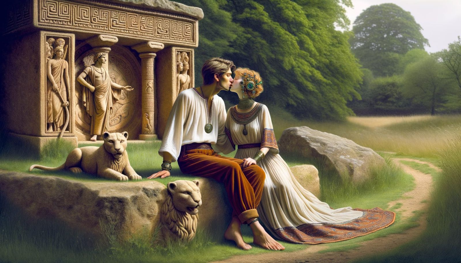 Greek Girl Kissing Man by Tomb, in Fantasy Art Style