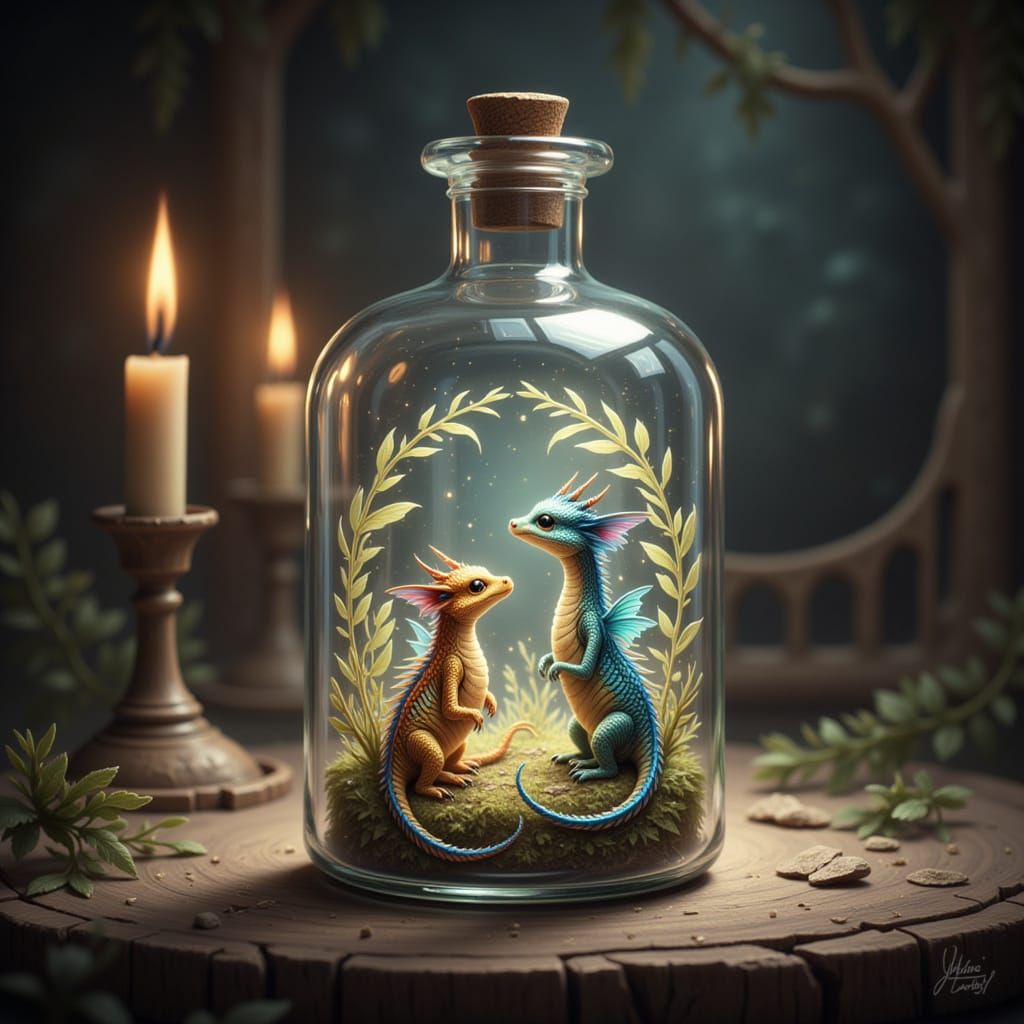 Dragons Trapped in Crystal Bottle, Whimsical Fantasy Art