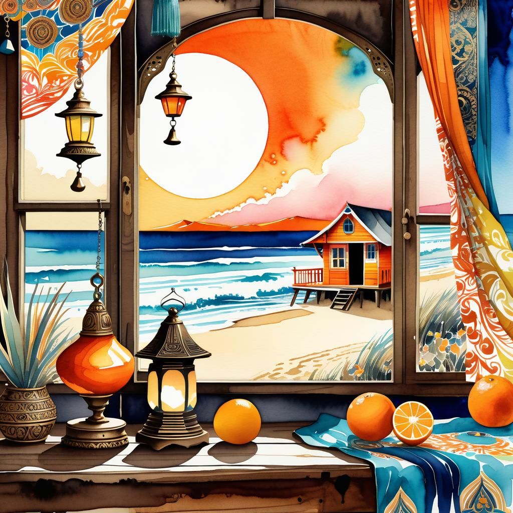 Bohemian Beach Hut Watercolor Illustration on Parchment