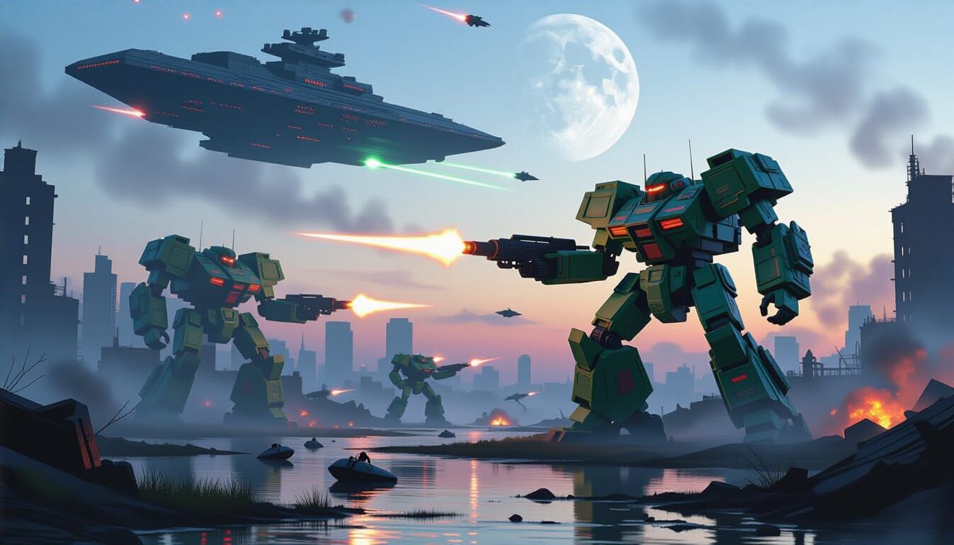 Epic Sci-Fi Battle: Mechs vs. Fighters in Urban Ruins
