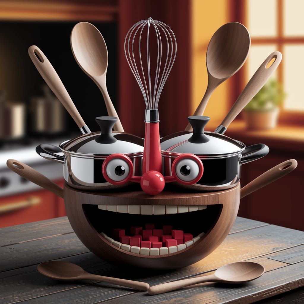 Whimsical Kitchen Face Crafted from Cooking Utensils