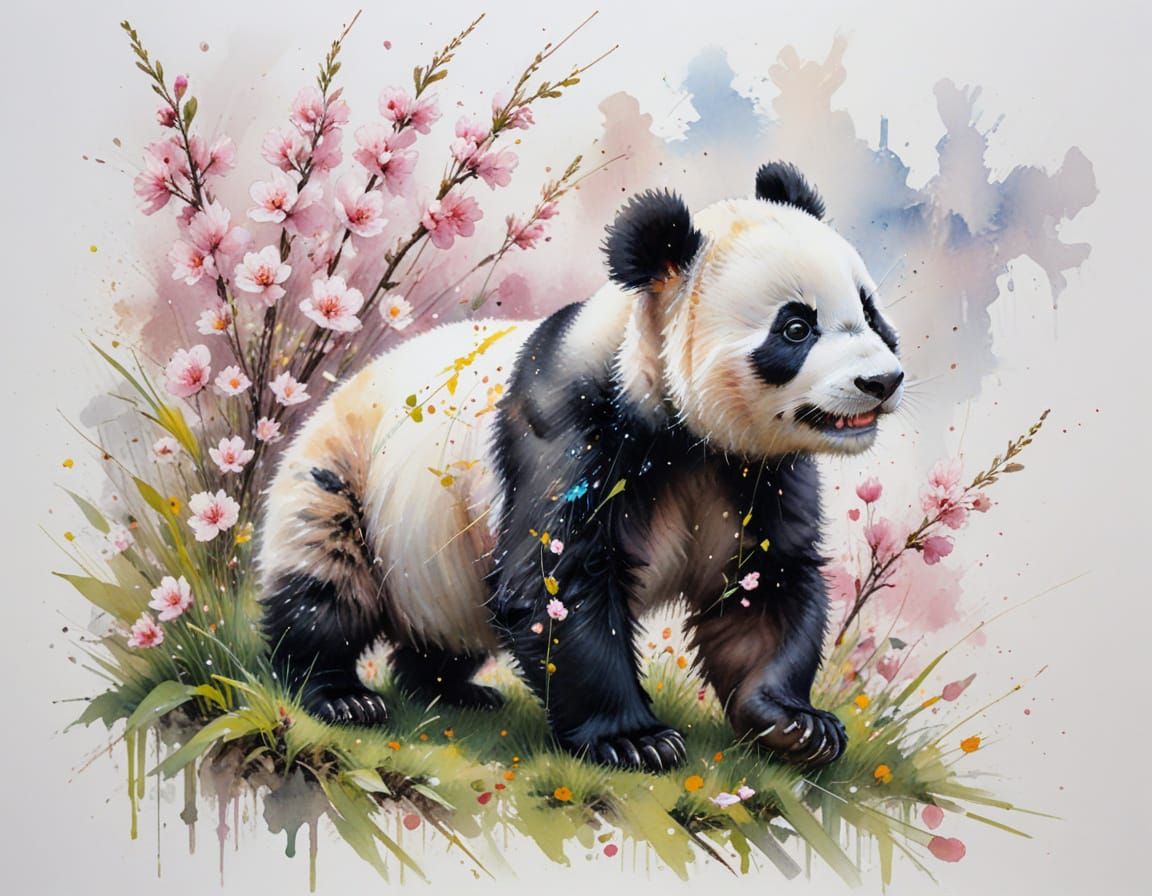 Mischievous Panda Cub Tumbles Amidst Cherry Blossoms