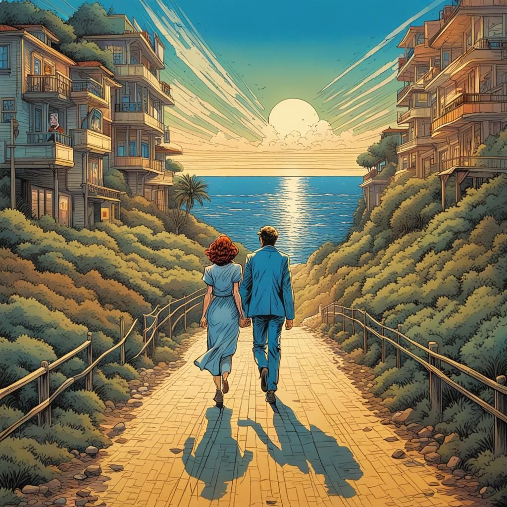 Romantic Seashore Walk in Comic Book Style