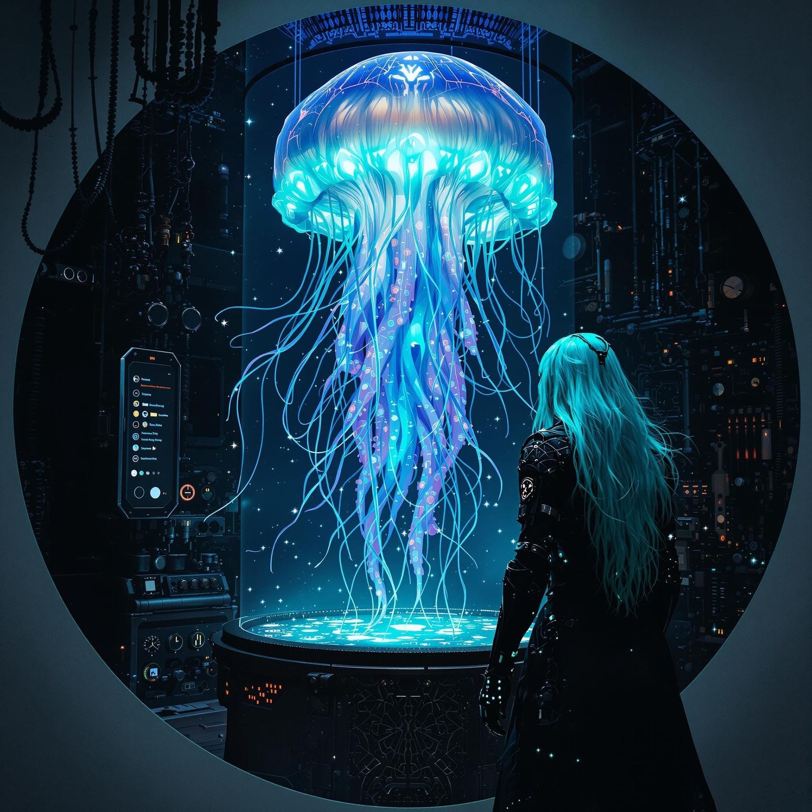 Gothic Artificer and Bioluminescent Jellyfish in Dark Fantas...