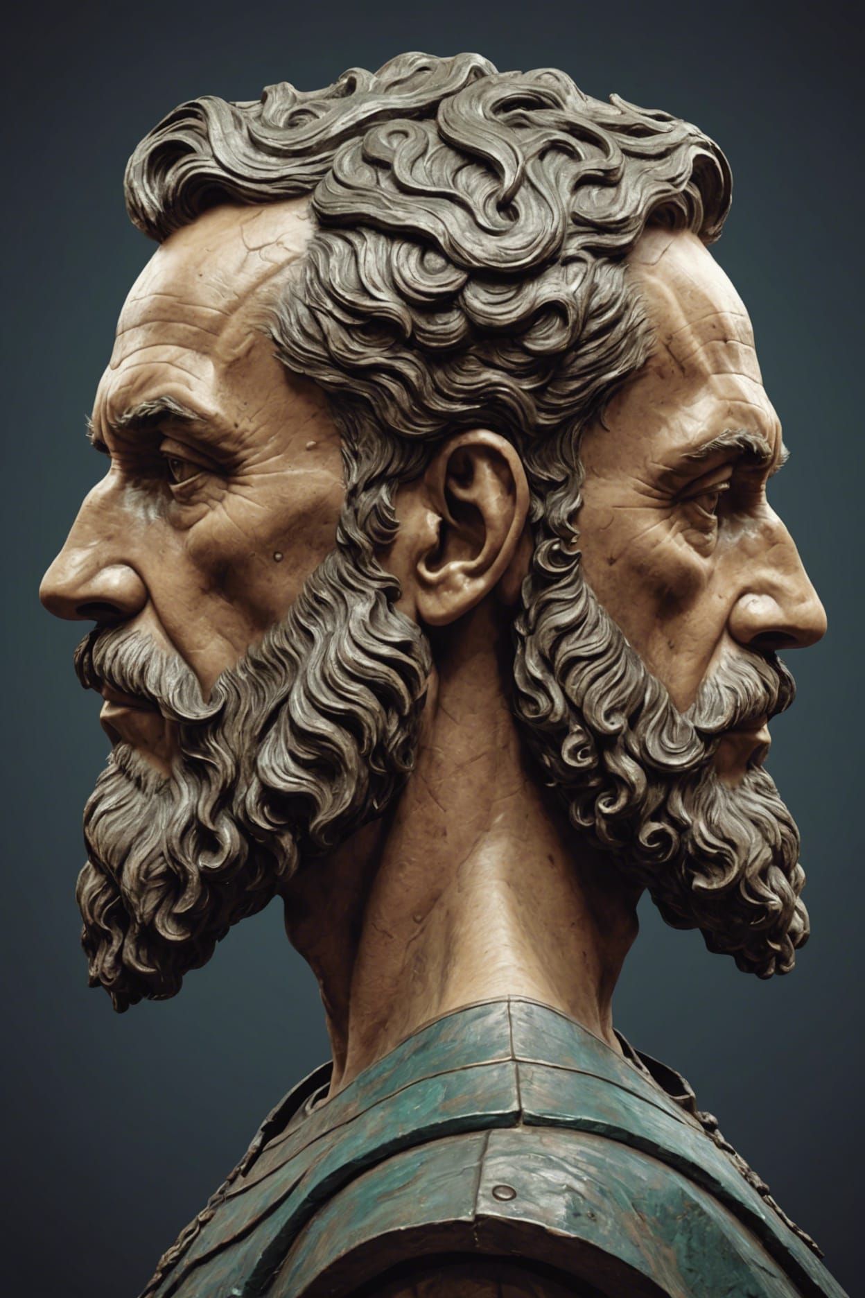 Two-Faced Janus Portrait Looking Forward and Back