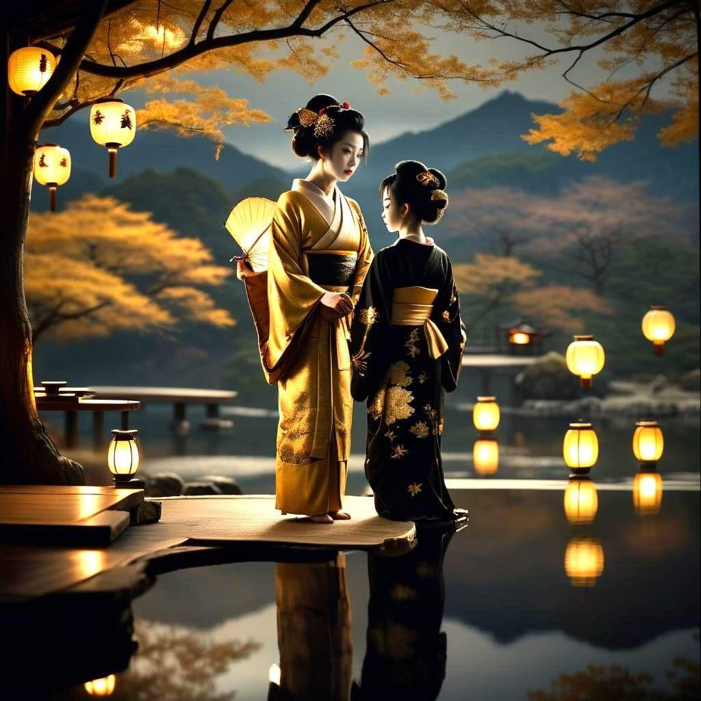 Bioluminescent Geisha in Tea Room: Cinematic Still