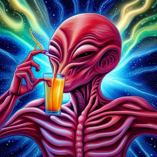 Alien Sipping a Smoothie in Cosmic Astral Style