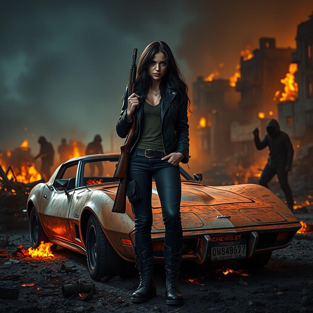Post-Apocalyptic Woman in Burning Cityscape