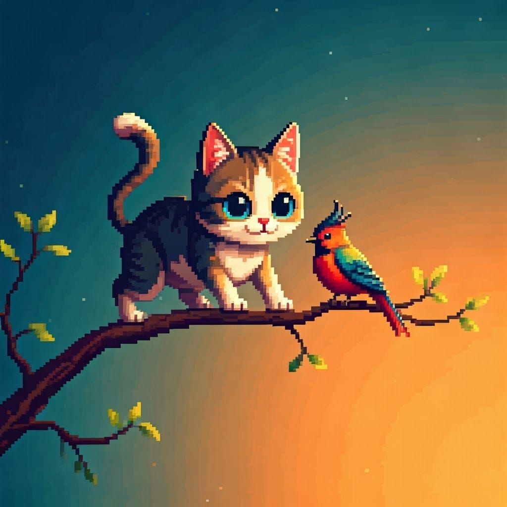 Whimsical Pixel Art Cat and Bird on Branch