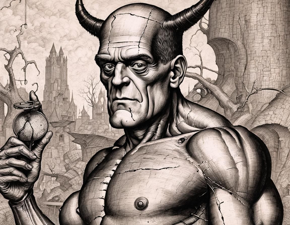 Frankenstein's Monster Bride: Charcoal Art, Bosch Style