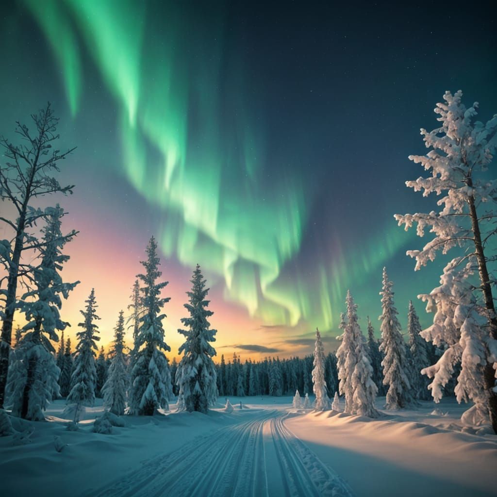 Majestic Tundra Winter Landscape Under Northern Lights