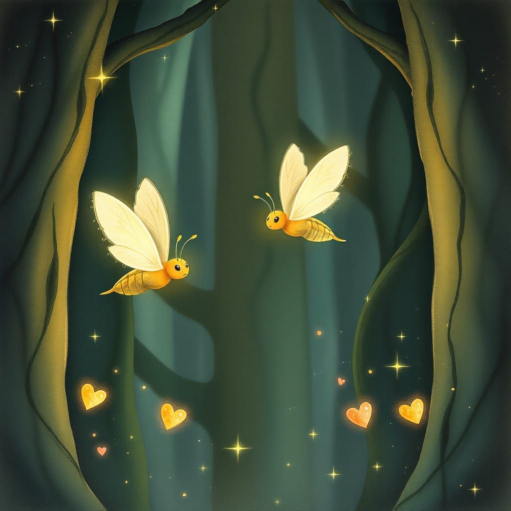 Whimsical Fireflies in Enchanted Forest, Beatrix Potter-Insp...