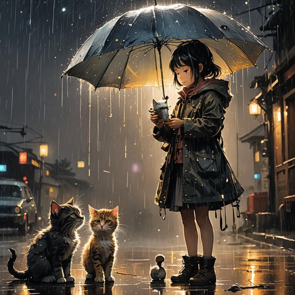 Girl and Kitten in Rainy Ghibli Night