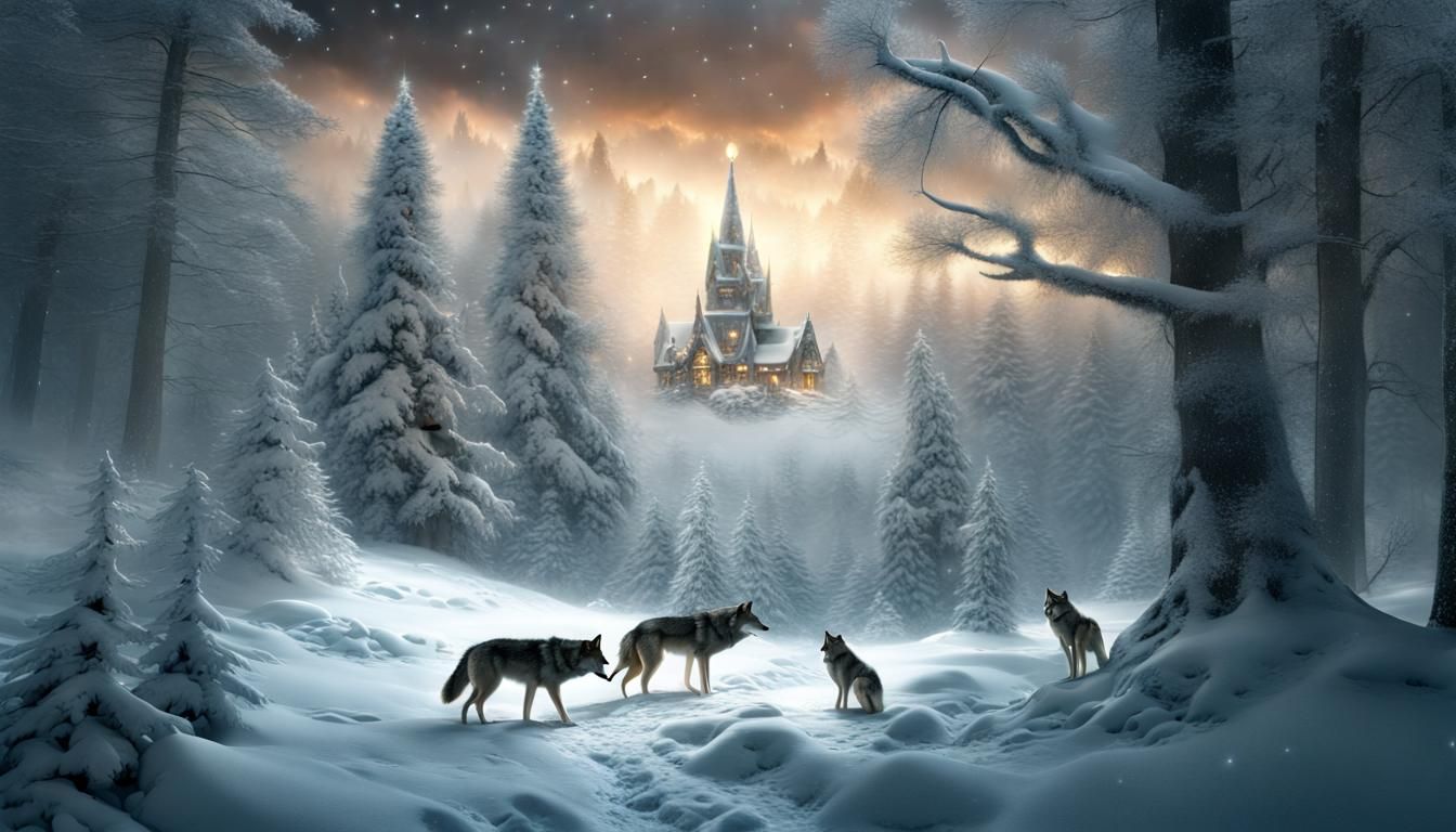 Wolves Trim Christmas Tree in Snowy Wonderland