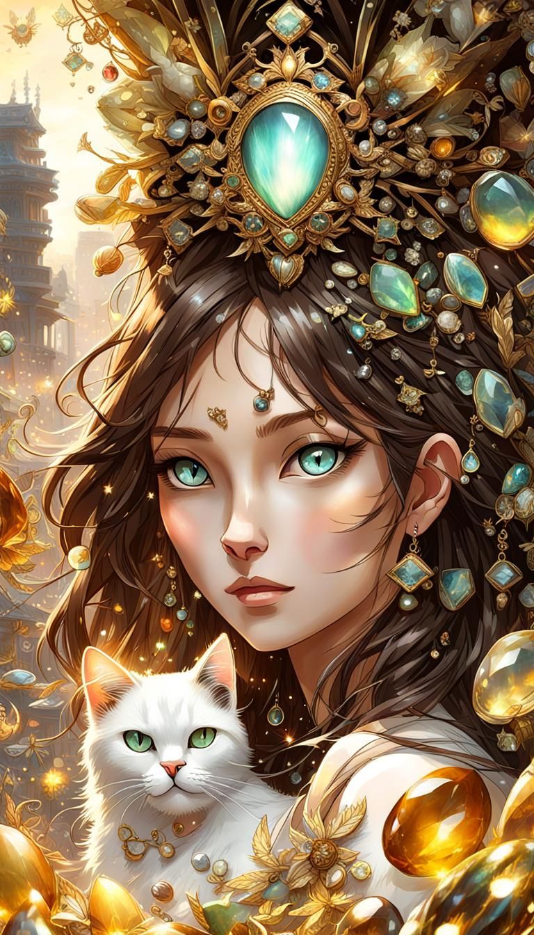 Taiwanese Teen with Cat Creatures in Fantasy Chrysoberyl Sty...