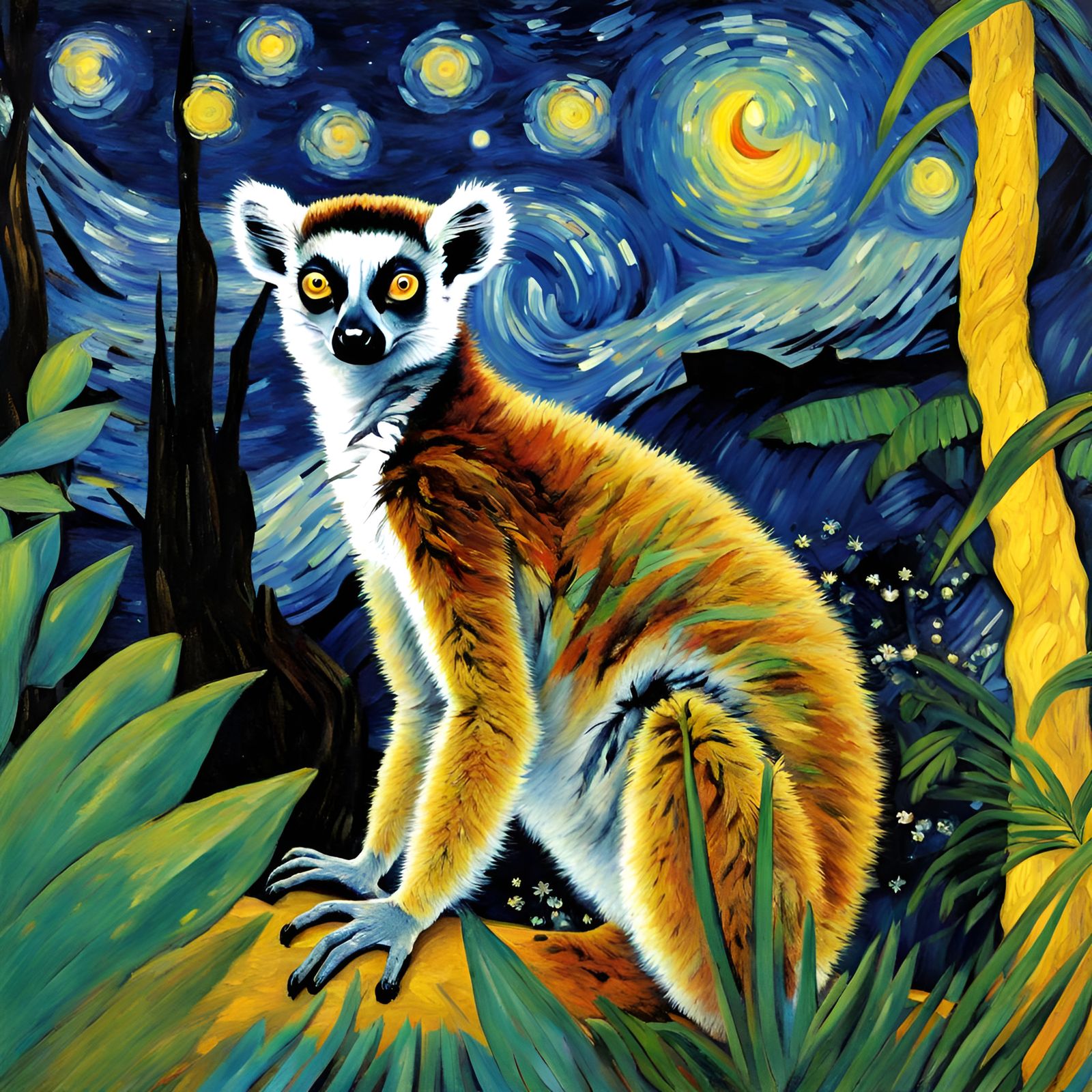 Lemur in Starry Jungle, Post-Impressionist Style