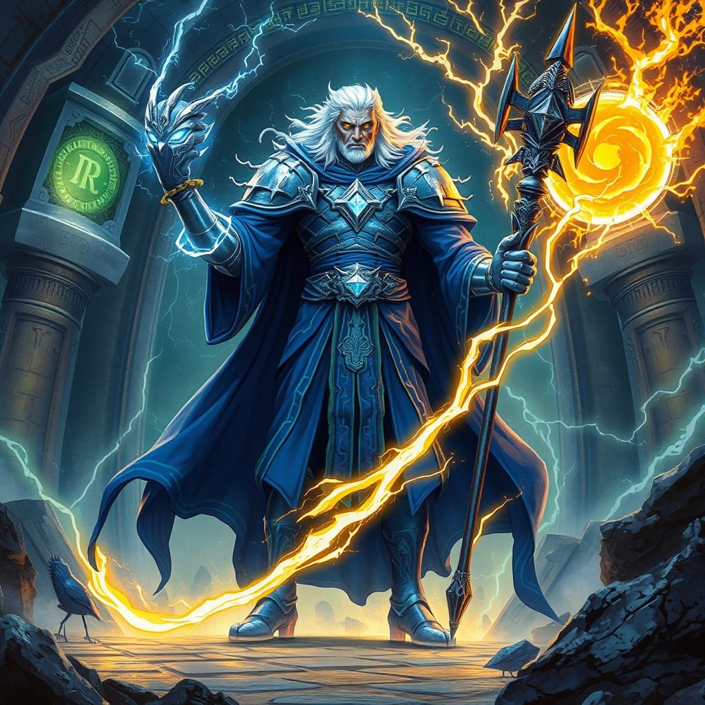 Imposing Figure Wields Storm in Atmospheric Landscape