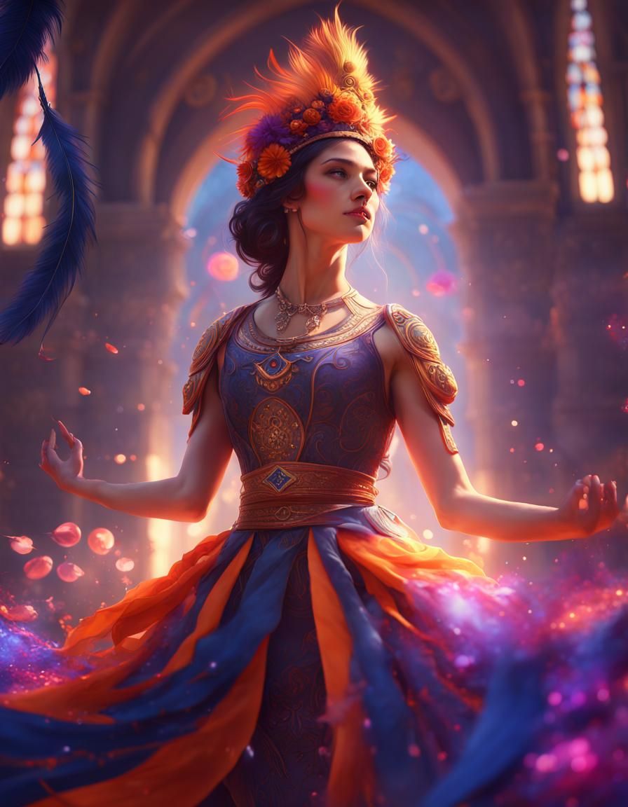 Energetic but calm mindful epic italian female shrine maiden dancer warm sunshine, ethereal space, navy, orange, violet...