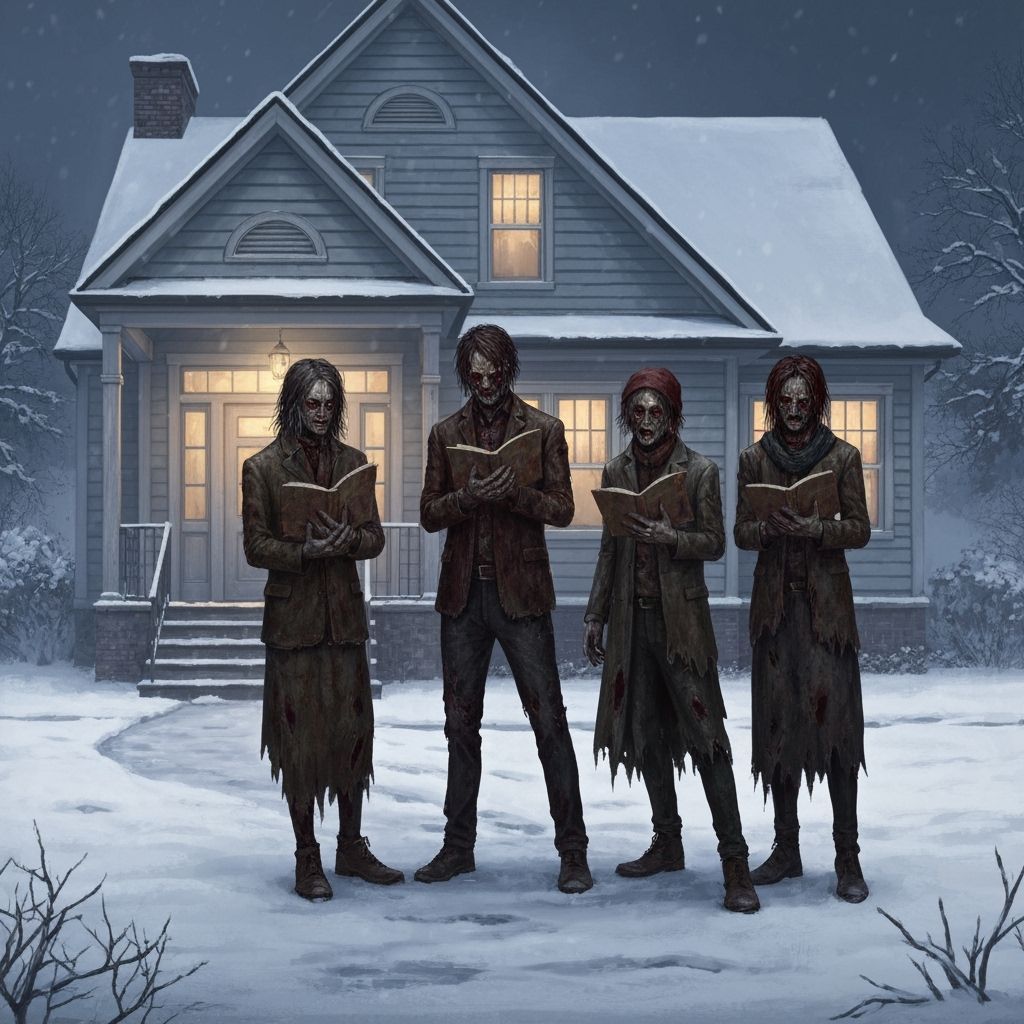 Zombie Carolers Sing in Snowy Suburbia