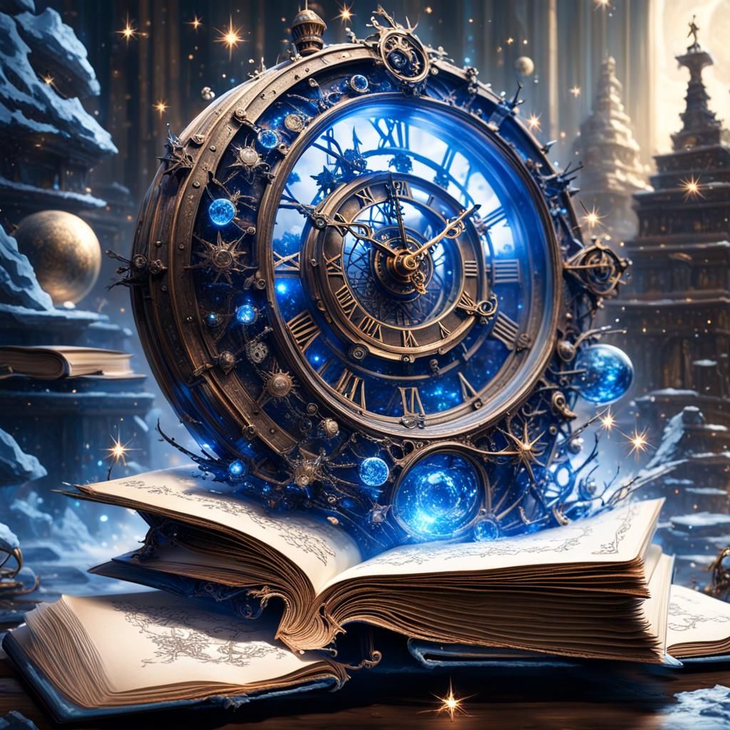 Sci-Fi Clock Emerges from Book with Blue Stars
