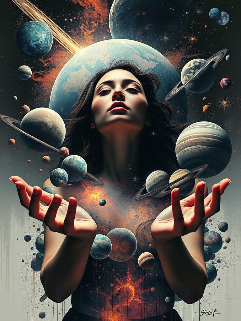 Cosmic Weaver Woman Crafting Planets in Graffiti Style