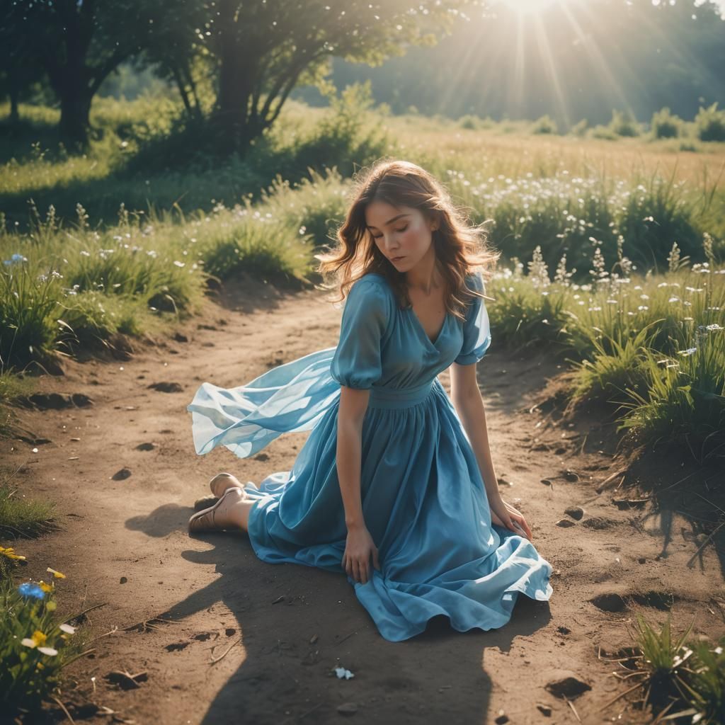 Woman in Blue Dress Bathed in Divine Light