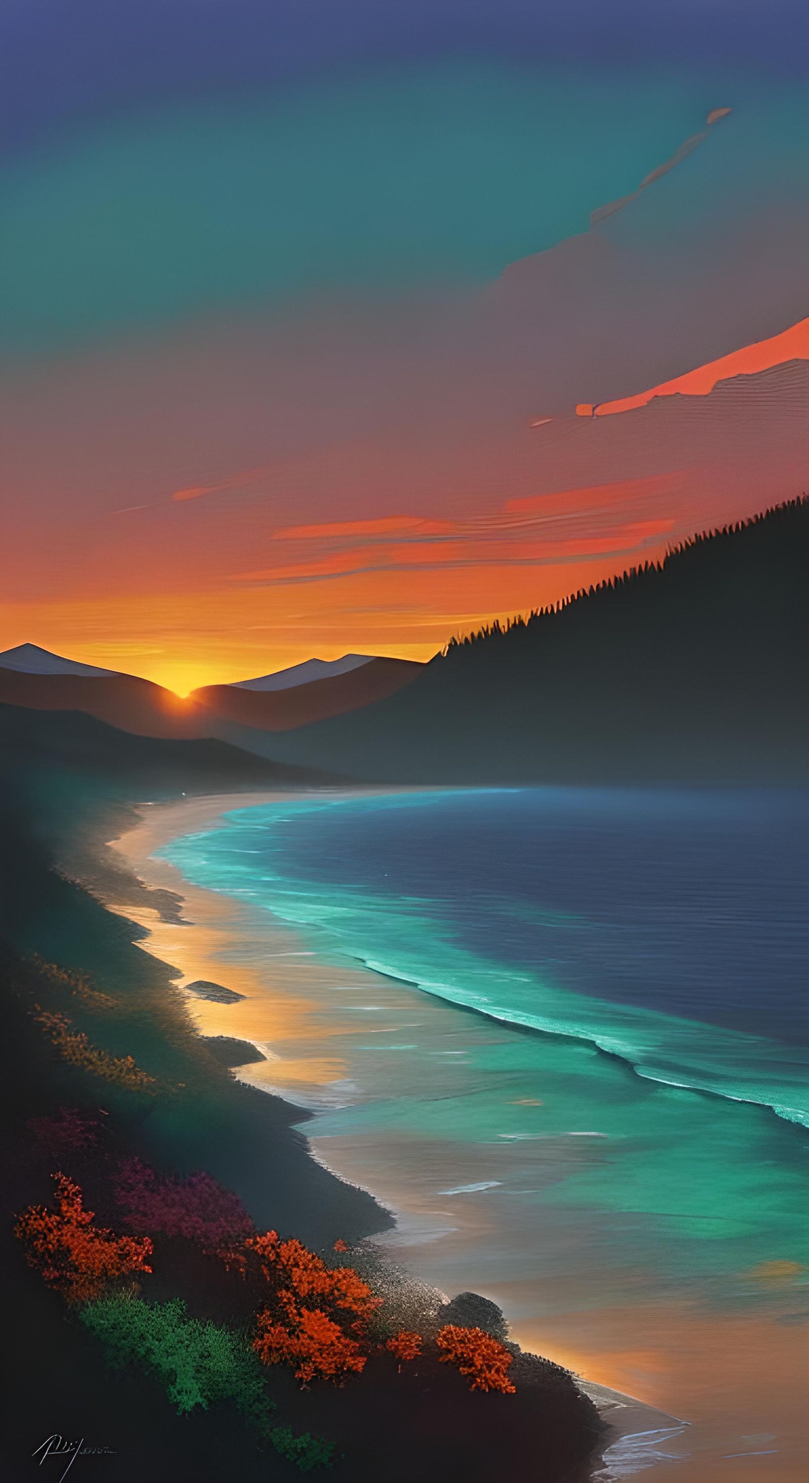Pacific Rim Beach Sunrise in Impasto Style