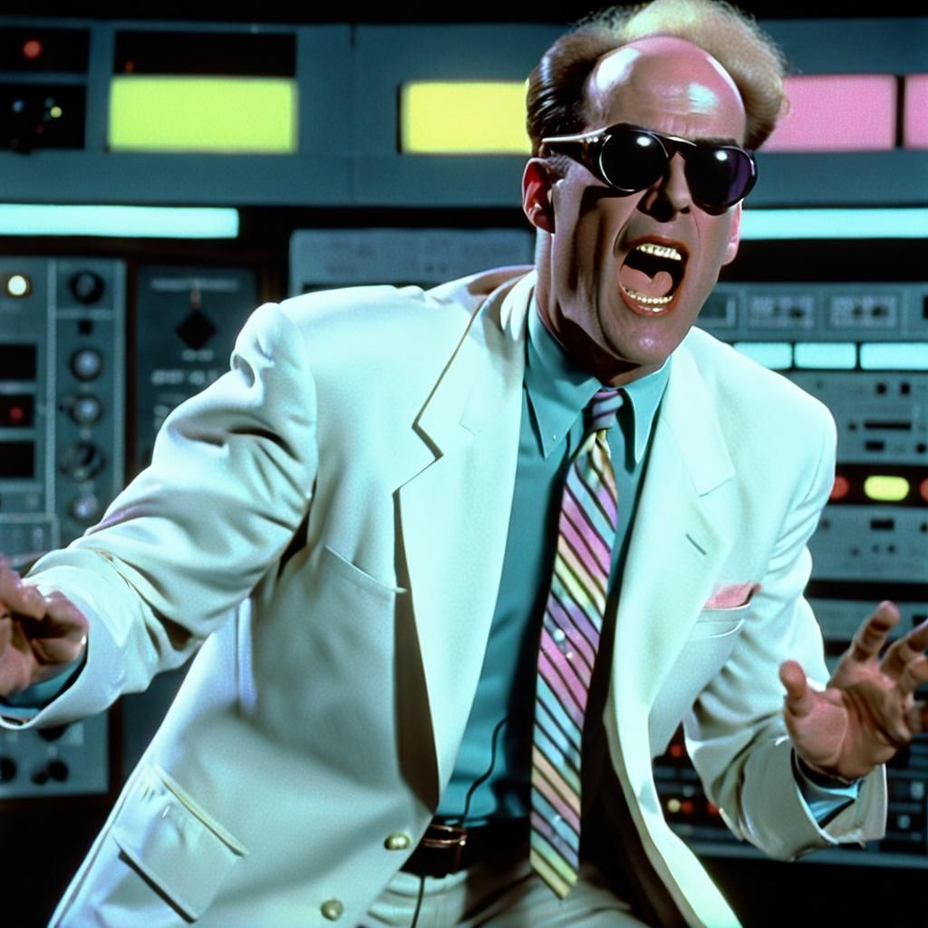 Young Man Shouting Science in 80s Music Video