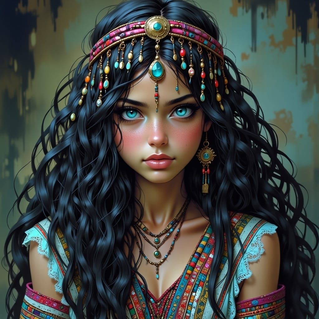 Vibrant Woman with Gypsy Headband in Whimsical Style
