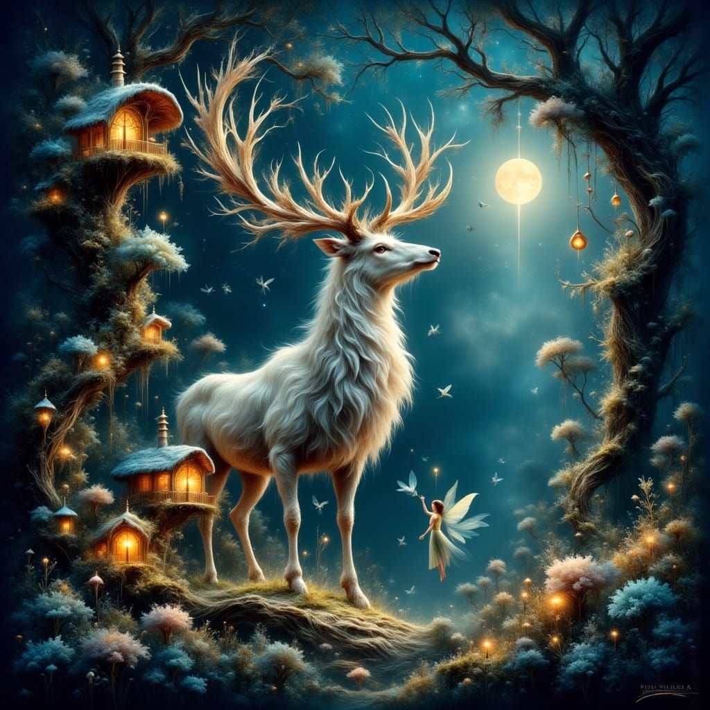 Enchanted Stag and Fairy Village Night Scene