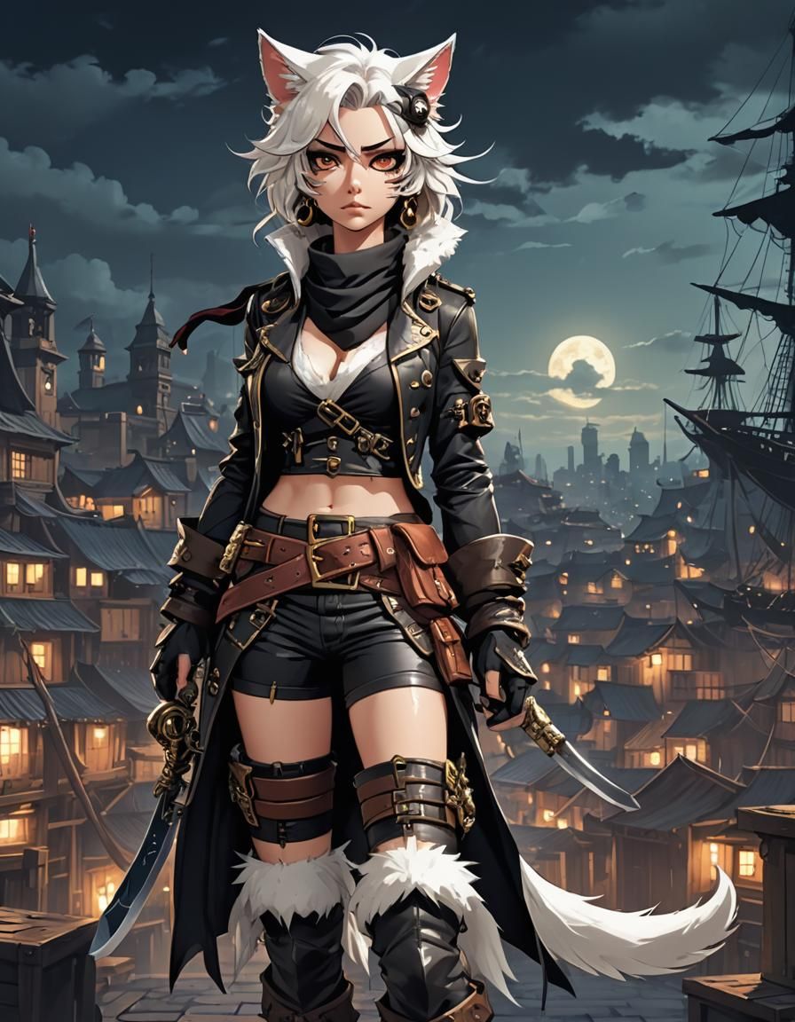 Anime Catgirl Pirate in Moonlit Port City