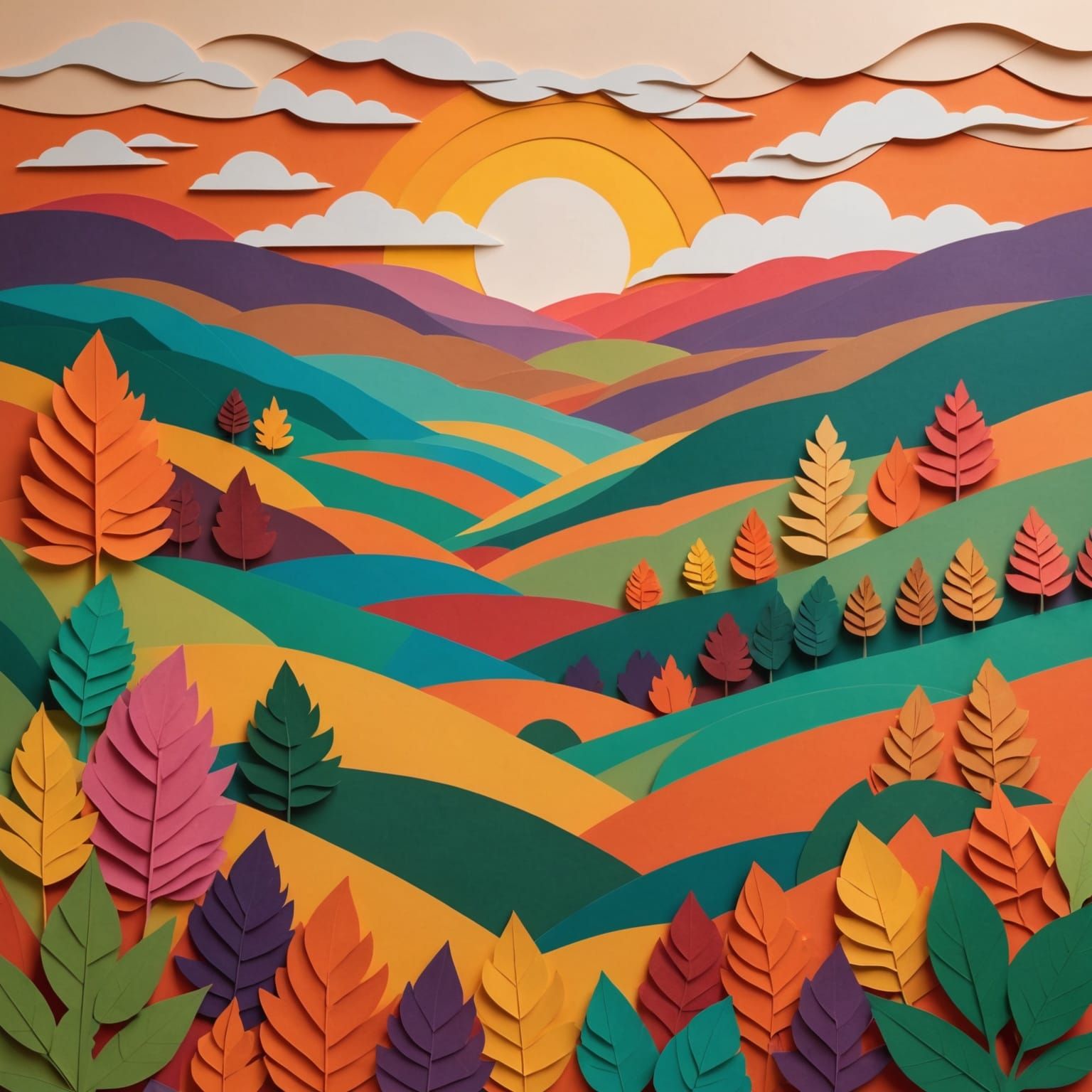 Vibrant Paper Leaf Collage of Autumn Valley