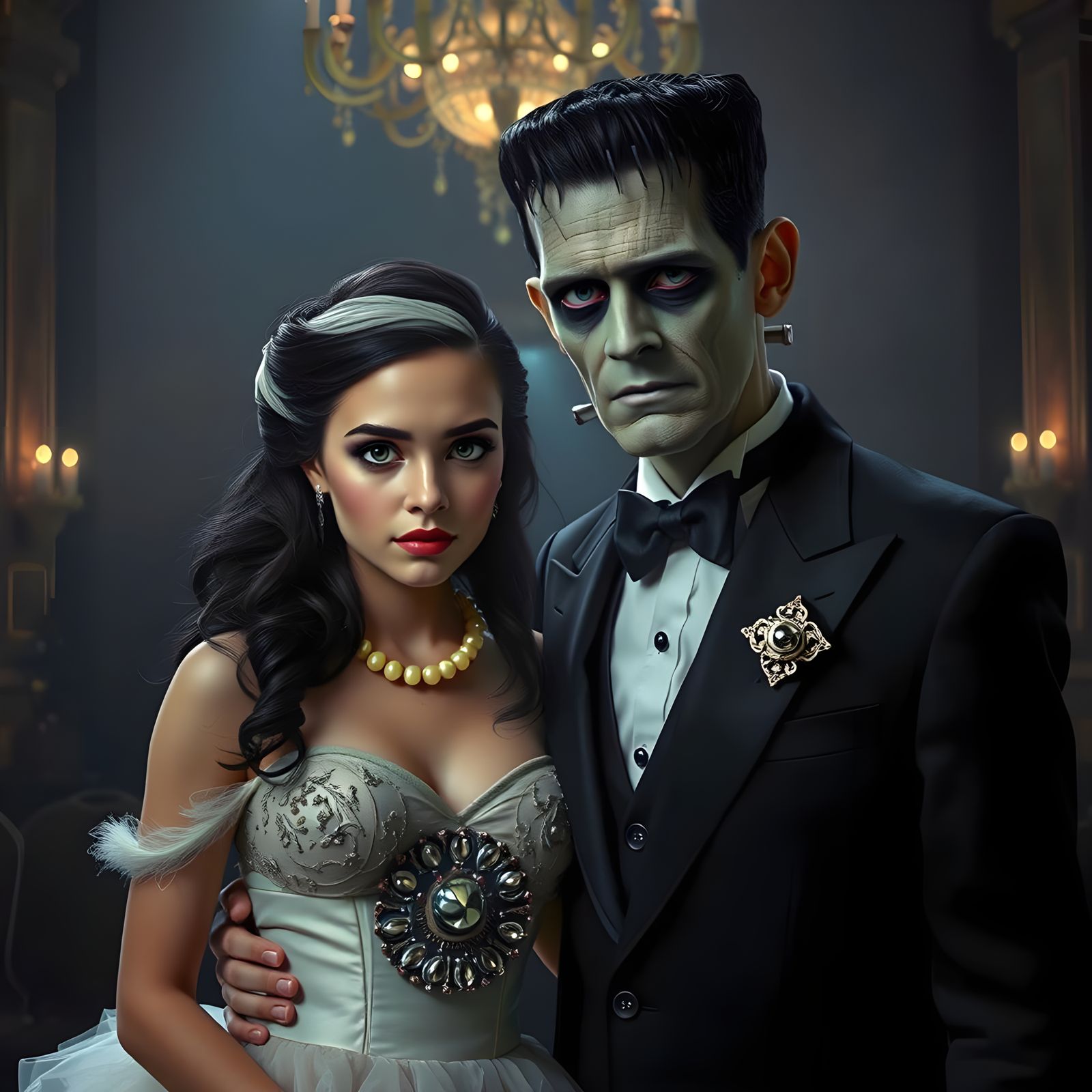 Frankenstein and Bride Prom Portrait in Gothic Ballroom